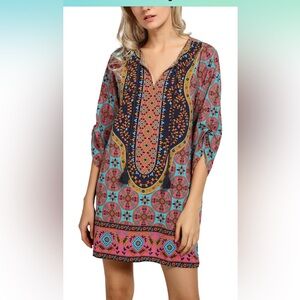 Women Bohemian Neck Tie Vintage Printed Ethnic Style Summer Shift Dress